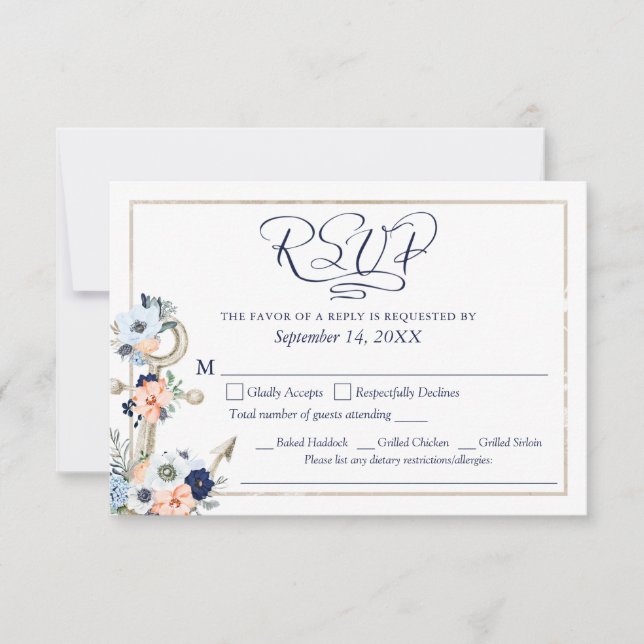 Hochzeitsmenü Nautical Anchor Navy Blue Peach Menu RSVP Karte (Vorderseite)