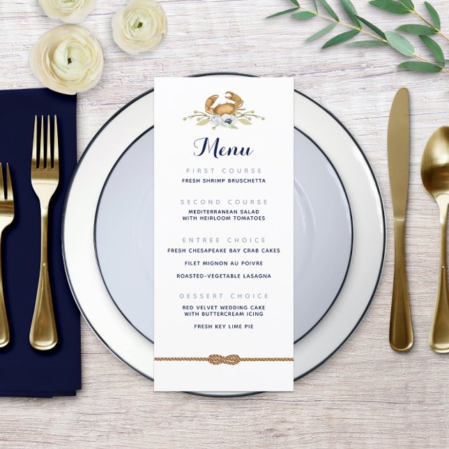 Hochzeitsmenü 🦀 Navy Blue & White Coastal Menükarte (Navy Blue & White Nautical Coastal Wedding Menu Navy Blue & White Nautical Coastal Wedding Menu 🦀
)