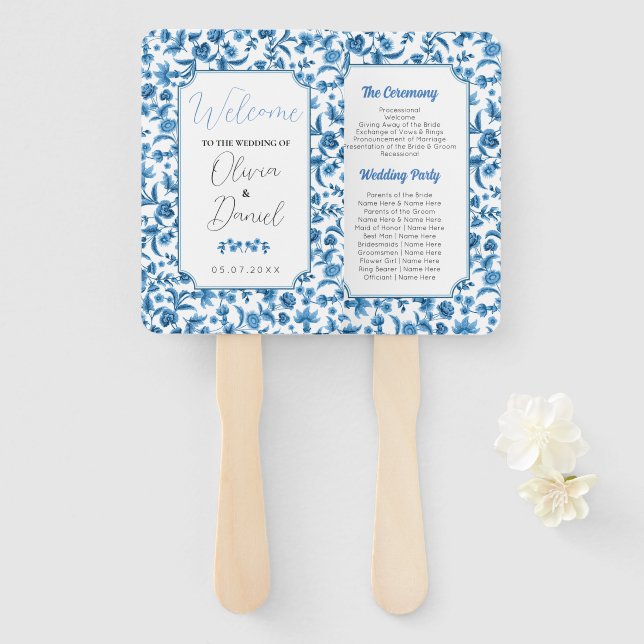 Hochzeitsmenü Programm Chintz Blue & White Floral Fächer (Vorne und Hinten)