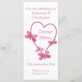 Hochzeitsmenü Rosa Herz und Schmetterlinge Menükarte