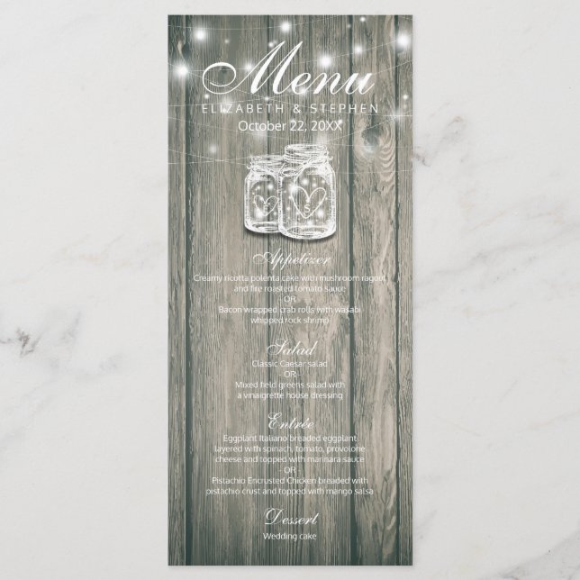 Hochzeitsmenü Rustikales Holz & Mason Jar String L Menükarte (Vorderseite)