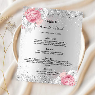 Hochzeitsmenü Silberrosa Blumenblätter Budget Flyer