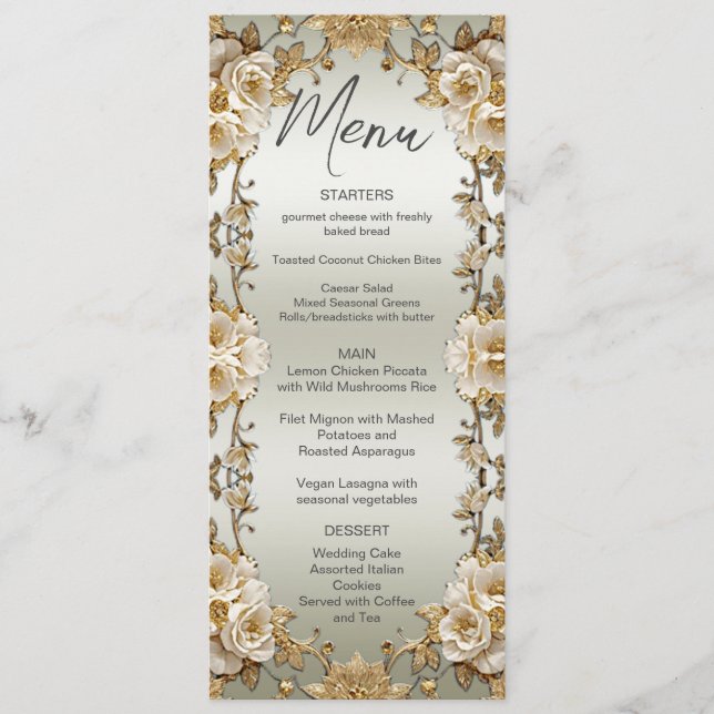 Hochzeitsmenü Verzierter weißer Blume Menükarte (Vorderseite)