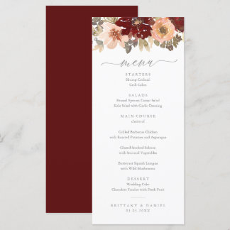 Hochzeitsmenü von Burgund und Peach Menükarte