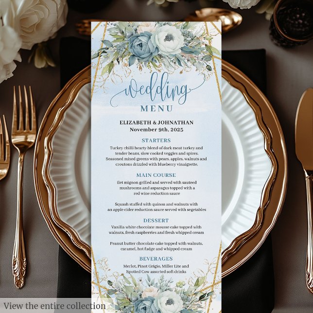 Hochzeitsmenü von Dusty Blue Eucalyptus Wedding Menükarte (Sophisticated Dusty Blue Eucalyptus Wedding Menu)