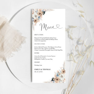 Hochzeitsmenü von Elfenbein und Blue Boho Menükarte