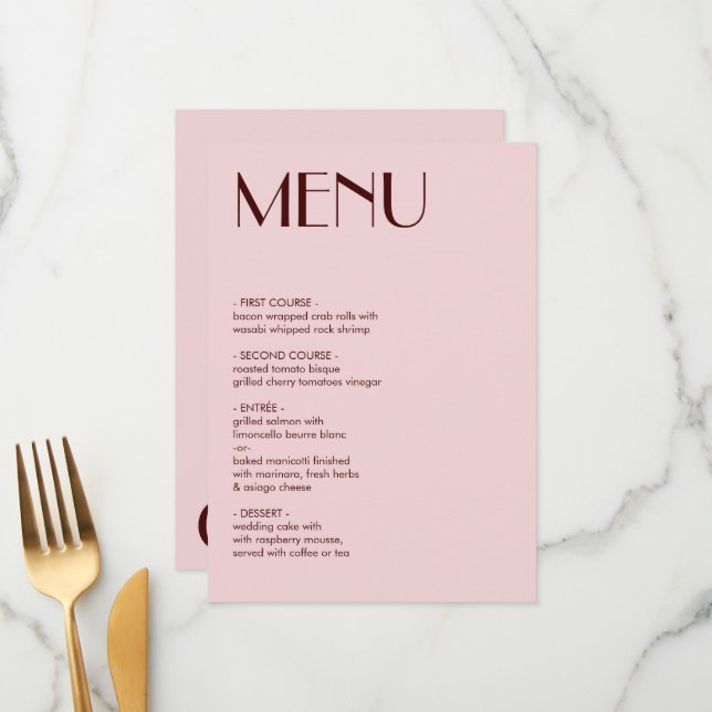 Hochzeitsmenü von Maroon und Blassrosa Menükarte (Vorderseite/Rückseite Beispiel)