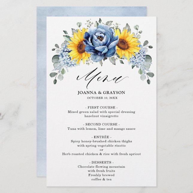 Hochzeitsmenü von Sonnenblumen Dusty Blue Slate Pe (Vorne/Hinten)