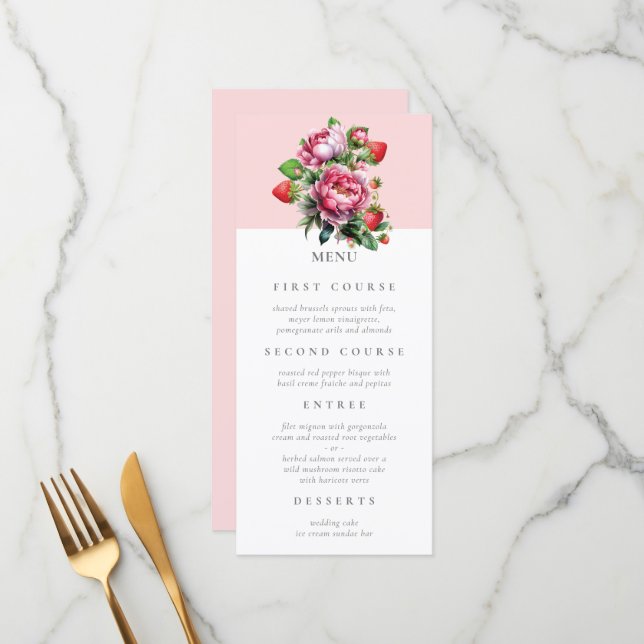 Hochzeitsmenü von Strawberry und Peonies Menükarte (Vorderseite/Rückseite Beispiel)