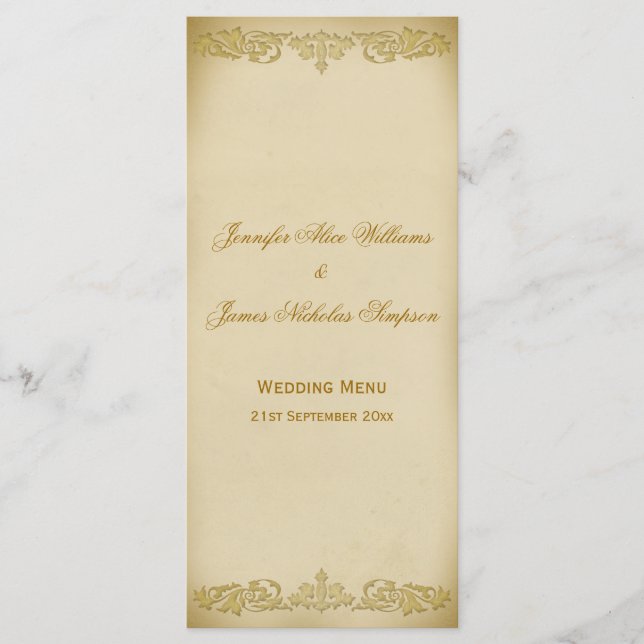 Hochzeitsmenü Vorlage Vintage Leaf Scroll in Beige (Vorderseite)
