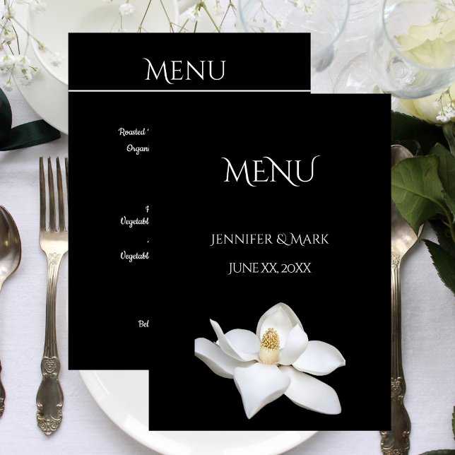 Hochzeitsmenü Weiße Magnolia Schwarz-Weiß Menükarte (Wedding Menu White Magnolia Black and White)