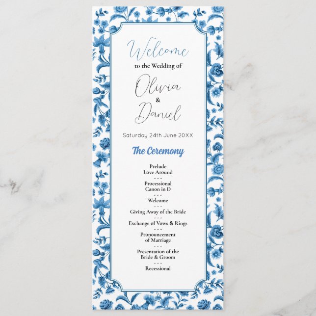 Hochzeitsmenü-Zeremonie Chintz Blue & White Floral Programm (Vorderseite)