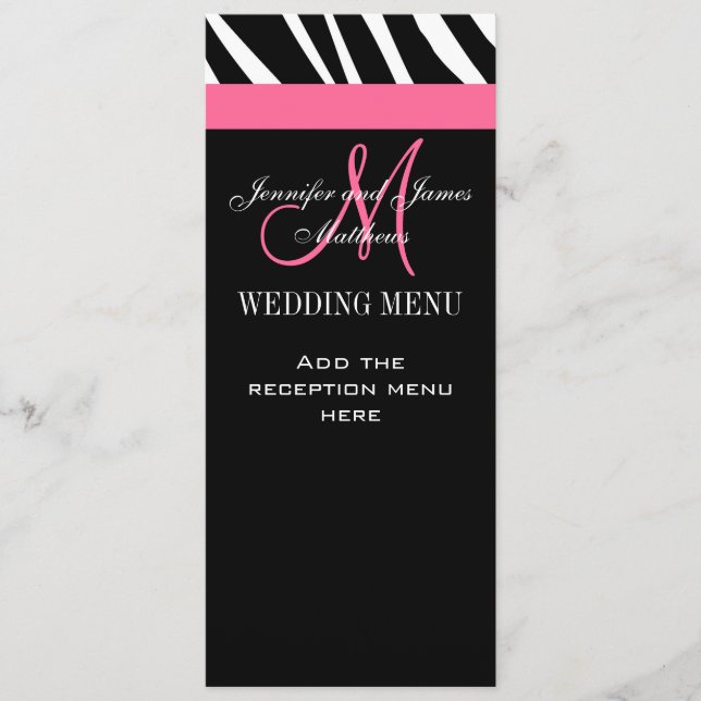 Hochzeitsmenükarten Zebra Monogram Pink Menükarte (Vorderseite)