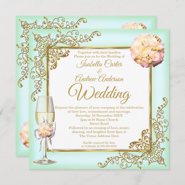 Hochzeitsminze Coral Champagne Gold Pearl Foto Einladung (Vorne/Hinten)