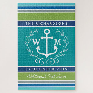 Hochzeitsmonogramm Anker Lorbeerkranz Aqua Streife Puzzle