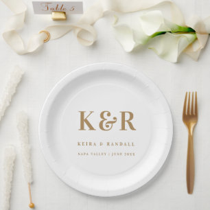 Hochzeitsmonogramm Minimalistisch Einfach Gold und Pappteller