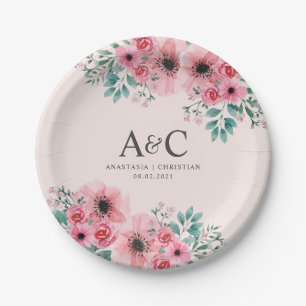 Hochzeitsmonogramm Rosa und Grün Florales Bouquet  Pappteller