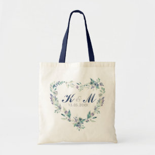Hochzeitsmonogramm Wasserfarbe Herz Floraler Kranz Tragetasche
