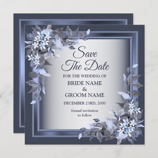 Hochzeitsnacht Blauer Rahmen Silber Elegant Save The Date (Vorne/Hinten)