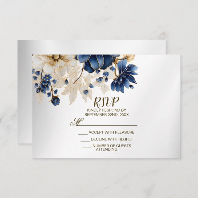 Hochzeitsnacht Blaues Goldenes Blütensilber RSVP Karte (Vorne/Hinten)