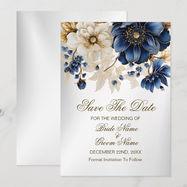 Hochzeitsnacht Blaues Goldenes Blütensilber Save The Date (Vorne/Hinten)