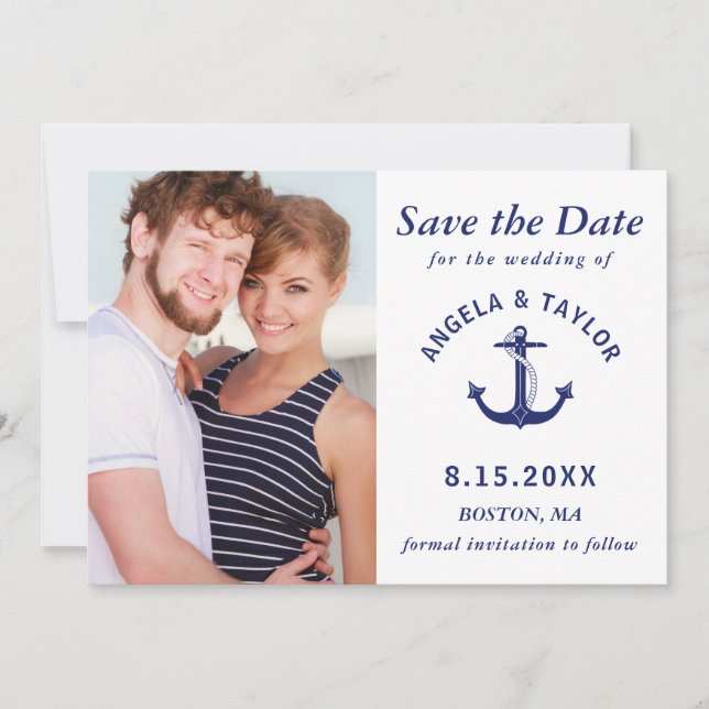 Hochzeitsnacht Foto Navy Blau Streifen Save The Date (Vorderseite)