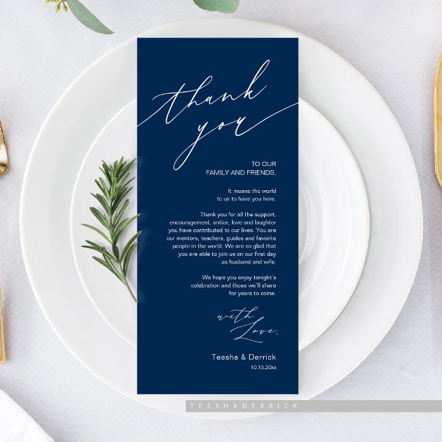 Hochzeitsnacht Platz dank Karte (Romantic Wedding Dinner Place Setting Thank You Card, in Navy Blue)