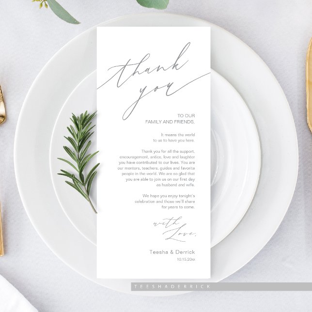 Hochzeitsnacht Platz dank Karte (Romantic Wedding Dinner Place Setting Thank You Card, in dark grey)