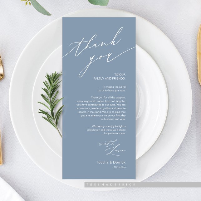 Hochzeitsnacht Platz dank Karte (Romantic Wedding Dinner Place Setting Thank You Card, in Dusty Blue)