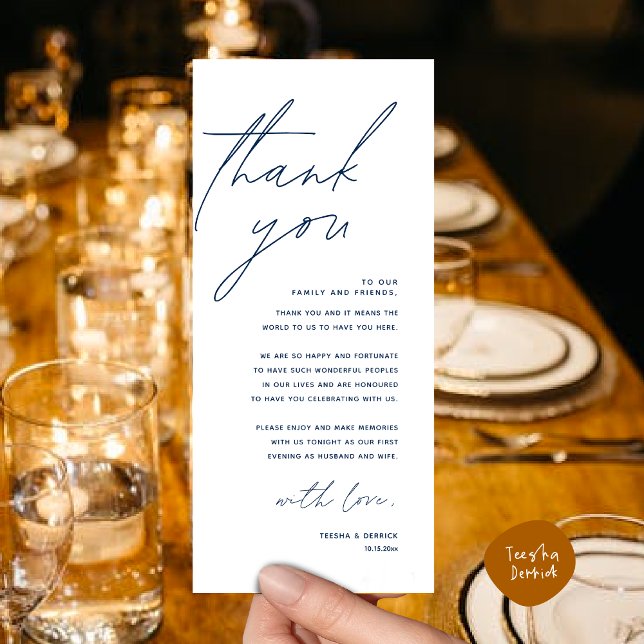 Hochzeitsnacht Platz dank Karte (Romantic Wedding Dinner Lunch Brunch Party Place Setting Thank You Card in Classy Navy Blue)