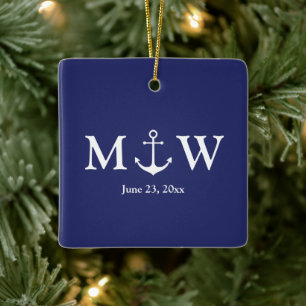 Hochzeitsnautische Ankernacht blau & weiß Monogram Keramikornament