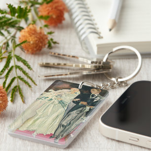 Hochzeitspaar im Vintage-Stil, Glückliche Braut un Schlüsselanhänger