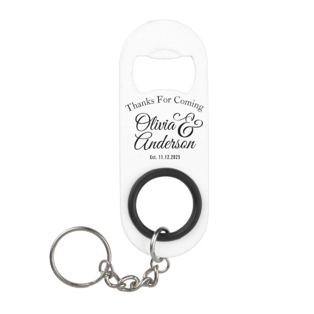 Hochzeitspaar Name Schwarzer Text Mini Flaschenöffner (Vorderseite)