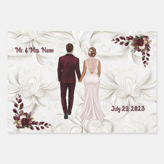 Hochzeitspapier aus Burgund und Weiß Geschenkpapier Set (Vorderseite)
