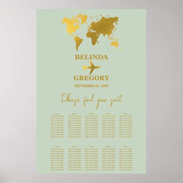 Hochzeitspass - Green Gold Seating Chart Poster (Vorne)