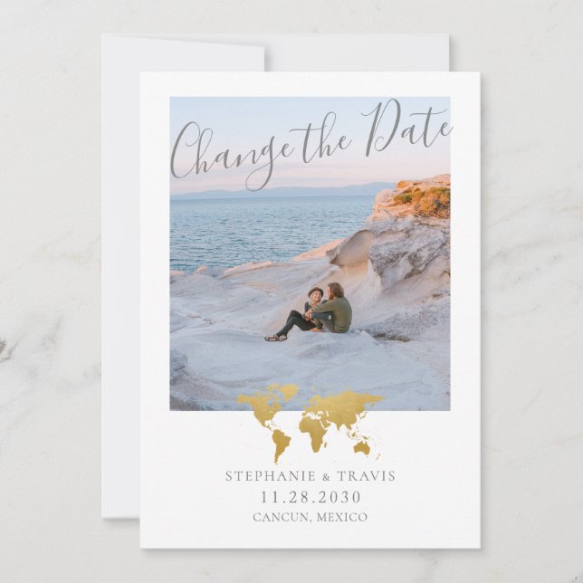 Hochzeitspause Gold World Map Foto Ankündigung (Vorderseite)