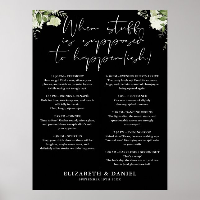 Hochzeitsplan Blumen Grün Schwarz Weiß Poster (Vorne)