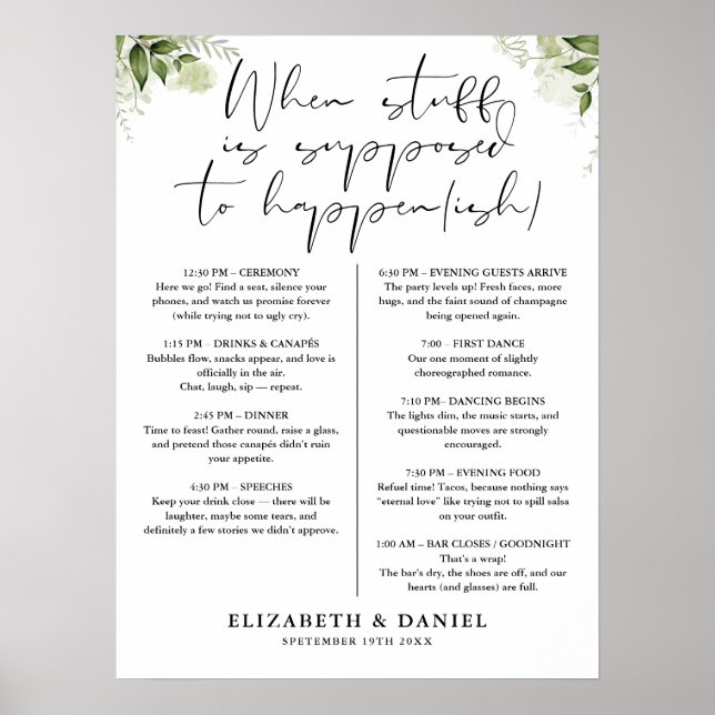 Hochzeitsplan mit Blumendekor Schild (Vorne)