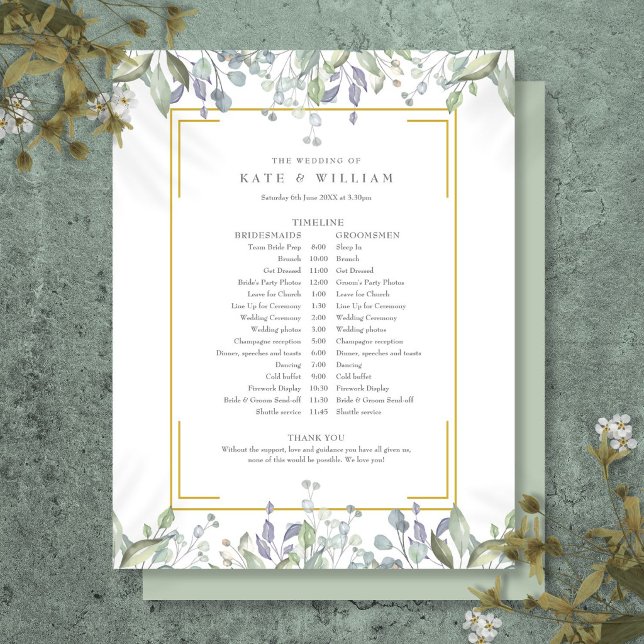 Hochzeitsplan mit Blumenschmuck Zeitplan (Greenery Floral Wedding Schedule Timeline)