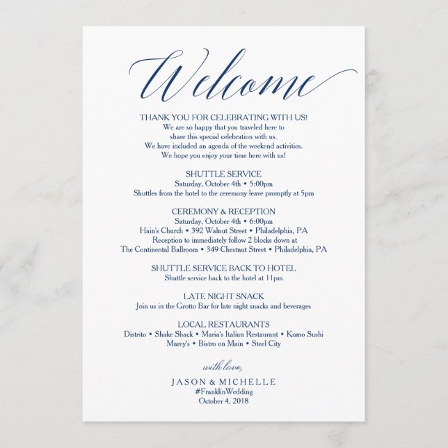 Hochzeitsplan mit Navy-Schrift Willkommensbrief Programm (Vorderseite)