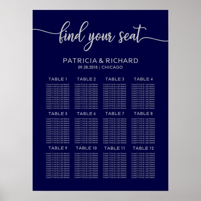 Hochzeitsplanboard Chic Navy Blue Silver Poster (Vorne)