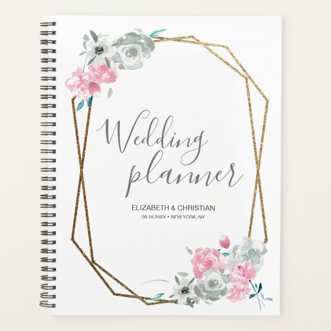 Hochzeitsplaner Aquarell Blume Goldrahmen Planer (Vorderseite)
