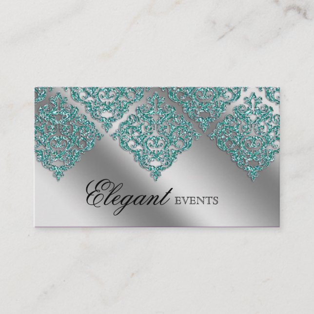 Hochzeitsplaner Damask Sparkle Silver Aquamarin Visitenkarte (Vorderseite)