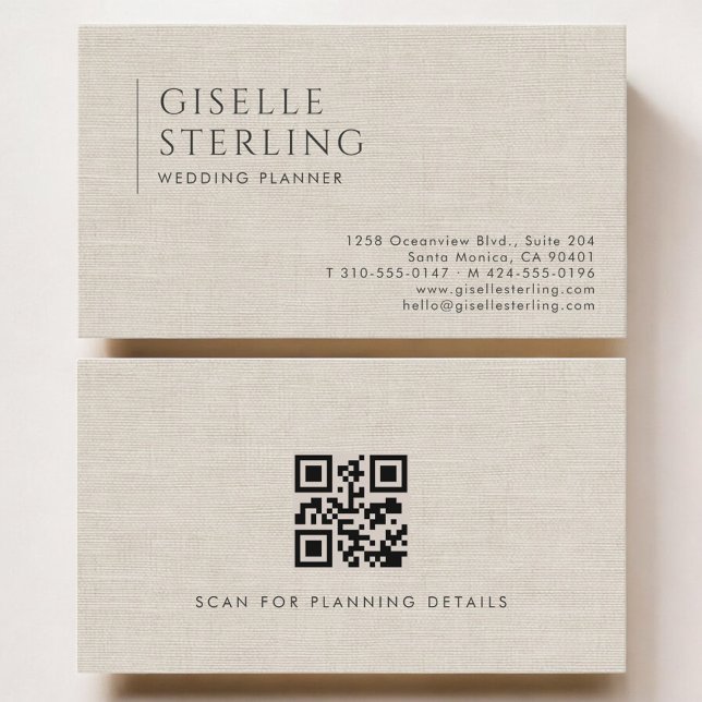 Hochzeitsplaner Luxus-Neutraler Leinen-QR-Code Visitenkarte (Von Creator hochgeladen)