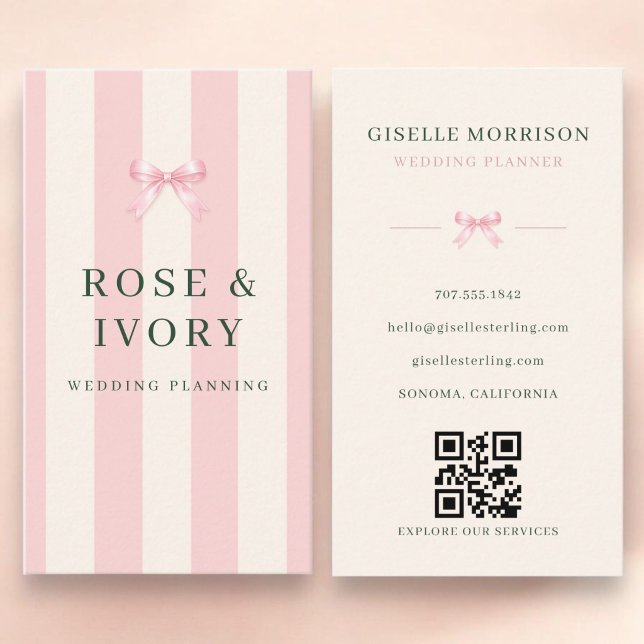 Hochzeitsplaner Pink Grüner Gestreifter Bogen QR-C Visitenkarte (Von Creator hochgeladen)