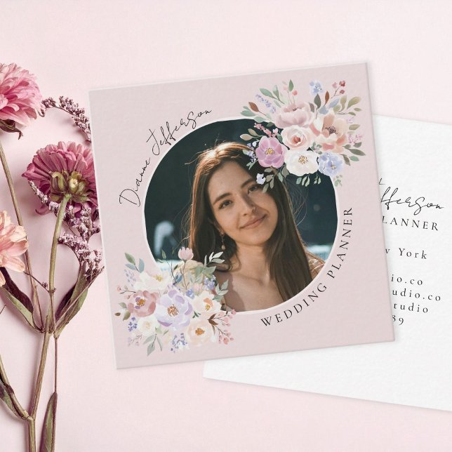 Hochzeitsplaner Rosé Pinke Blumen Custom Foto Quadratische Visitenkarte (elegant wedding planner blush pink custom photo floral business card)