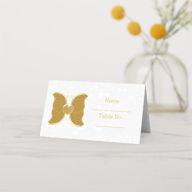 Hochzeitsplatz-Einstellung Gold Butterfly Herzdesi Platzkarte (Vorderseite)