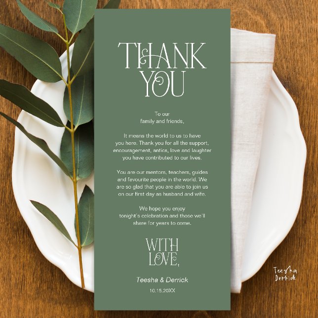 Hochzeitsplatzierung Danke schön smaragdgrüne Kart Programm (Modern Minimalist Wedding Dinner Place Setting Thank You Sage Green Card)