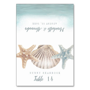 Hochzeitsplatzkarte Strand mit Seestern und Musche Tischnummer