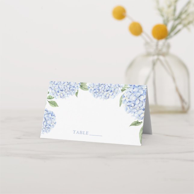 Hochzeitsplatzkarten, Blaue Hortensien-Rand-Eskort Platzkarte (Vorderseite)
